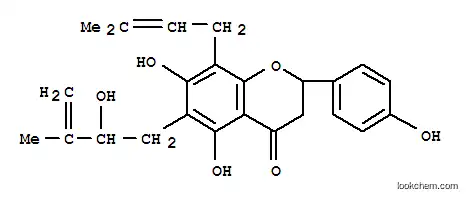 Molecular Structure of 162681-79-0 (4H-1-Benzopyran-4-one,2,3-dihydro-5,7-dihydroxy-6-(2-hydroxy-3-methyl-3-butenyl)-2-(4-hydroxyphenyl)-8-(3-methyl-2-butenyl)-(9CI))