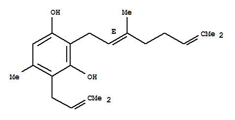 Molecular Structure of 163135-95-3 (1,3-Benzenediol,2-[(2E)-3,7-dimethyl-2,6-octadien-1-yl]-5-methyl-4-(3-methyl-2-buten-1-yl)-)
