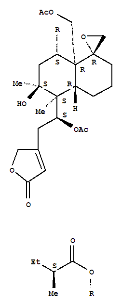 Molecular Structure of 163658-25-1 (Butanoic acid,2-methyl-,(1R,4aR,5S,6S,8S,8aR)-5-[(1S)-1-(acetyloxy)-2-(2,5-dihydro-5-oxo-3-furanyl)ethyl]-8a-[(acetyloxy)methyl]octahydro-6-hydroxy-5,6-dimethylspiro[naphthalene-1(2H),2'-oxiran]-8-ylester, (2S)-)