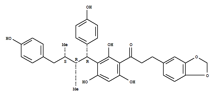 Molecular Structure of 163860-19-3 (1-Propanone,3-(1,3-benzodioxol-5-yl)-1-[3-[(1R,2R,3S)-1,4-bis(4-hydroxyphenyl)-2,3-dimethylbutyl]-2,4,6-trihydroxyphenyl]-,rel-)