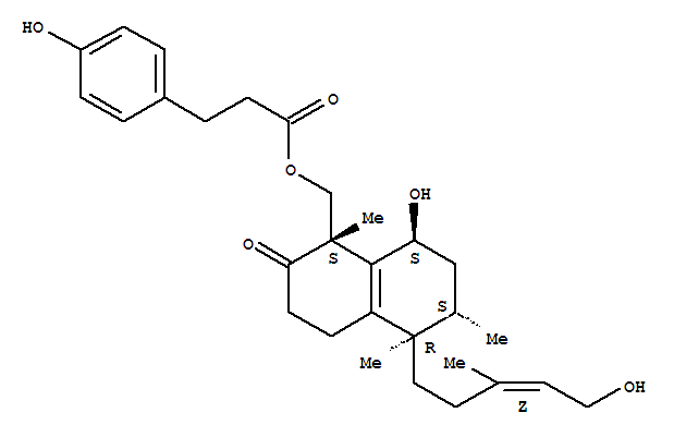 Molecular Structure of 164124-36-1 (Benzenepropanoic acid,4-hydroxy-,[(1S,5R,6S,8S)-1,2,3,4,5,6,7,8-octahydro-8-hydroxy-5-[(3Z)-5-hydroxy-3-methyl-3-penten-1-yl]-1,5,6-trimethyl-2-oxo-1-naphthalenyl]methylester)