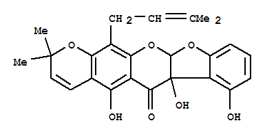 Molecular Structure of 164124-38-3 (2H,6H-Benzofuro[2,3-b]pyrano[3,2-g][1]benzopyran-6-one,6a,11a-dihydro-5,6a,7-trihydroxy-2,2-dimethyl-13-(3-methyl-2-butenyl)- (9CI))