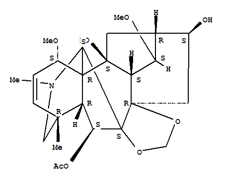 Molecular Structure of 164230-59-5 (Aconitane-6,10,16-triol,2,3-didehydro-1,14-dimethoxy-4,20-dimethyl-7,8-[methylenebis(oxy)]-, 6-acetate,(1a,6b,14a,16b)- (9CI))