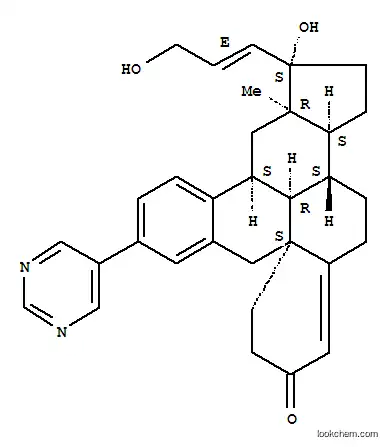 Molecular Structure of 164415-59-2 (4'H-Naphth[3',2',1':10,9,11]estra-4,9(11)-dien-3-one,9,11-dihydro-17-hydroxy-17-[(1E)-3-hydroxy-1-propenyl]-6'-(5-pyrimidinyl)-, (11a,13a,17a)- (9CI))