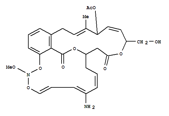 Molecular Structure of 165689-36-1 (14,11-([2,5]Heptadienoxyethano)-13H-1,3,12,2-benzotrioxaazacyclopentadecine-13,26-dione,21-(acetyloxy)-7-amino-10,11-dihydro-24-(hydroxymethyl)-2-methoxy-20-methyl-(9CI))