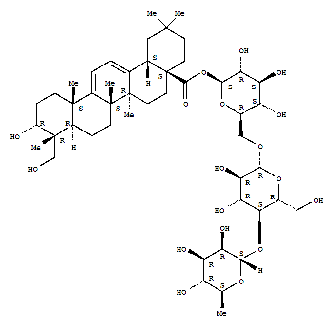 Molecular Structure of 166377-54-4 (Oleana-9(11),12-dien-28-oicacid, 3,23-dihydroxy-, O-6-deoxy-a-L-mannopyranosyl-(1®4)-O-b-D-glucopyranosyl-(1®6)-b-D-glucopyranosyl ester, (3a,4a)- (9CI))