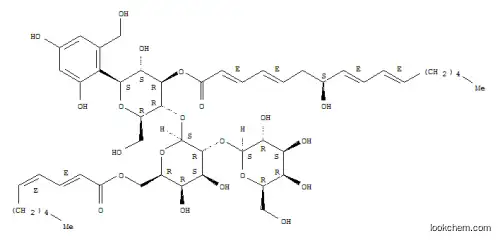 Molecular Structure of 166407-33-6 (D-Glucitol, O-b-D-galactopyranosyl-(1®2)-O-6-O-[(2E,4Z)-1-oxo-2,4-decadienyl]-b-D-galactopyranosyl-(1®3)-1,5-anhydro-1-C-[2,4-dihydroxy-6-(hydroxymethyl)phenyl]-,3-[(2E,4E,7S,8E,10E)-7-hydroxy-2,4,8,10-hexadecatetraenoate] (9CI))