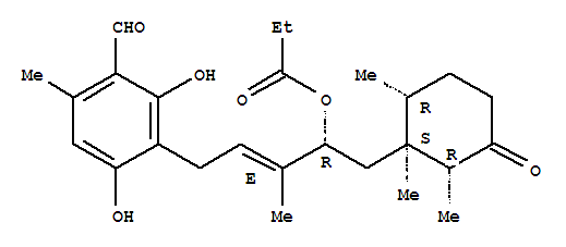 Molecular Structure of 166582-81-6 (Benzaldehyde,2,4-dihydroxy-6-methyl-3-[(2E,4R)-3-methyl-4-(1-oxopropoxy)-5-[(1S,2R,6R)-1,2,6-trimethyl-3-oxocyclohexyl]-2-penten-1-yl]-)