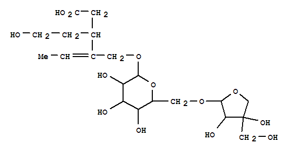 Molecular Structure of 166990-11-0 (4-Hexenoic acid,4-[[(6-O-D-apio-b-D-furanosyl-b-D-glucopyranosyl)oxy]methyl]-3-(2-hydroxyethyl)-(9CI))