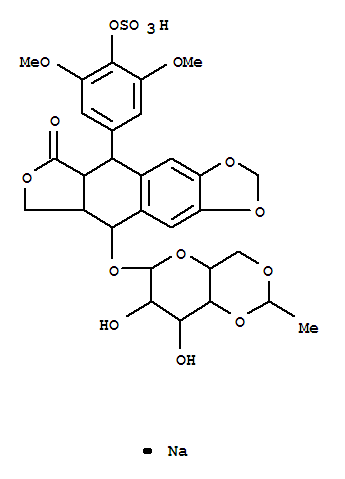 Molecular Structure of 167074-98-8 (Furo[3',4':6,7]naphtho[2,3-d]-1,3-dioxol-6(5aH)-one,5-[3,5-dimethoxy-4-(sulfooxy)phenyl]-9-[(4,6-O-ethylidene-b-D-glucopyranosyl)oxy]-5,8,8a,9-tetrahydro-,monosodium salt, [5R-[5a,5ab,8aa,9b(R*)]]- (9CI))