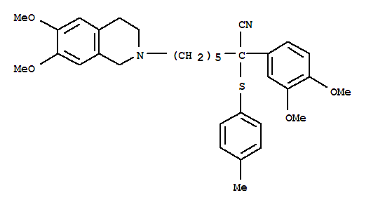 Molecular Structure of 167158-86-3 (2(1H)-Isoquinolineheptanenitrile,a-(3,4-dimethoxyphenyl)-3,4-dihydro-6,7-dimethoxy-a-[(4-methylphenyl)thio]-)