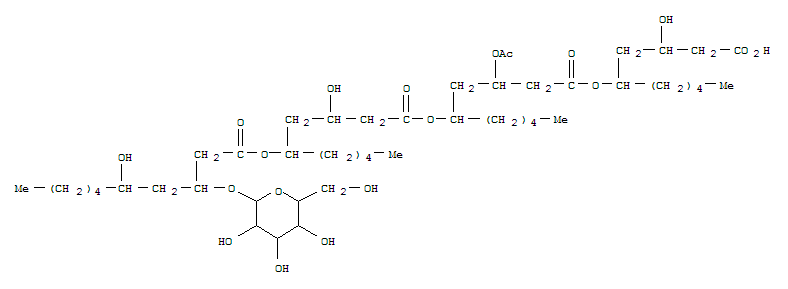 Molecular Structure of 167173-81-1 (Decanoic acid,3-(acetyloxy)-5-[[(3R,5R)-3-hydroxy-5-[[(3R,5R)-5-hydroxy-3-(b-D-mannopyranosyloxy)-1-oxodecyl]oxy]-1-oxodecyl]oxy]-,(1R)-1-[(2R)-3-carboxy-2-hydroxypropyl]hexyl ester, (3R,5R)- (9CI))