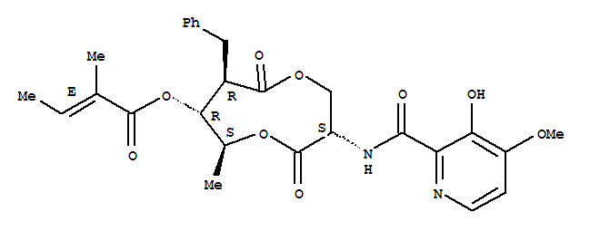 Molecular Structure of 167173-86-6 (2-Butenoic acid,2-methyl-,(3S,6S,7R,8R)-3-[[(3-hydroxy-4-methoxy-2-pyridinyl)carbonyl]amino]-6-methyl-4,9-dioxo-8-(phenylmethyl)-1,5-dioxonan-7-ylester, (2E)- (9CI))