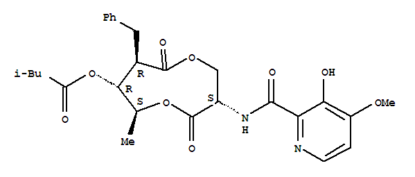 Molecular Structure of 167173-87-7 (Butanoic acid,3-methyl-,(3S,6S,7R,8R)-3-[[(3-hydroxy-4-methoxy-2-pyridinyl)carbonyl]amino]-6-methyl-4,9-dioxo-8-(phenylmethyl)-1,5-dioxonan-7-ylester (9CI))