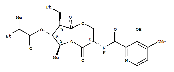Molecular Structure of 167173-88-8 (Butanoic acid,2-methyl-,(3S,6S,7R,8R)-3-[[(3-hydroxy-4-methoxy-2-pyridinyl)carbonyl]amino]-6-methyl-4,9-dioxo-8-(phenylmethyl)-1,5-dioxonan-7-ylester (9CI))