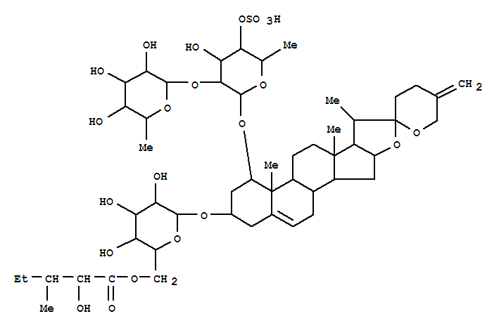 Molecular Structure of 167427-34-1 (b-D-Galactopyranoside, (1b,3b)-3-[[6-O-(2-hydroxy-3-methyl-1-oxopentyl)-b-D-glucopyranosyl]oxy]spirosta-5,25(27)-dien-1-yl6-deoxy-2-O-(6-deoxy-a-L-mannopyranosyl)-, 4-(hydrogen sulfate) (9CI))