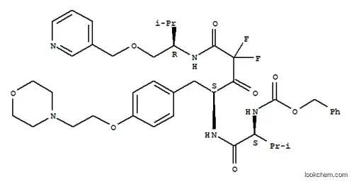 Molecular Structure of 167486-23-9 (benzyl N-[(1S)-1-[[(1S)-3,3-difluoro-4-[[(1R)-2-methyl-1-(3-pyridylmethoxymethyl)propyl]amino]-1-[[4-(2-morpholinoethoxy)phenyl]methyl]-2,4-dioxo-butyl]carbamoyl]-2-methyl-propyl]carbamate)
