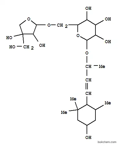 Molecular Structure of 168009-94-7 ((2R,3E)-4-[(1R,4S,6R)-4-hydroxy-2,2,6-trimethylcyclohexyl]but-3-en-2-yl 6-O-[(2R,3R,4R)-3,4-dihydroxy-4-(hydroxymethyl)tetrahydrofuran-2-yl]-beta-D-glucopyranoside)