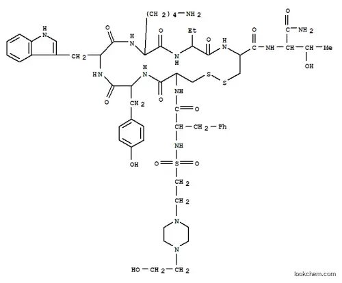 Molecular Structure of 168016-90-8 (L-Threoninamide,N-[[2-[4-(2-hydroxyethyl)-1-piperazinyl]ethyl]sulfonyl]-D-phenylalanyl-L-cysteinyl-L-tyrosyl-D-tryptophyl-L-lysyl-(2S)-2-aminobutanoyl-L-cysteinyl-,cyclic (2&reg;7)-disulfide)