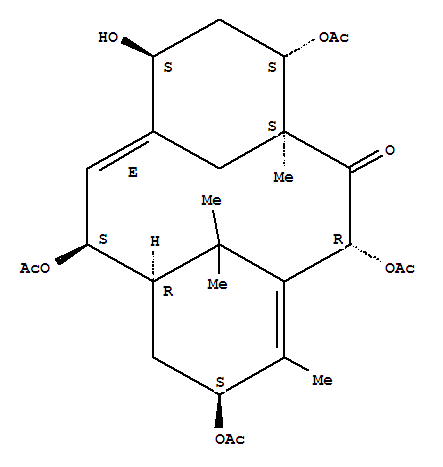 Molecular Structure of 168109-52-2 (Tricyclo[9.3.1.14,8]hexadeca-4,10-dien-2-one,3,6,9,14-tetrakis(acetyloxy)-12-hydroxy-1,5,16,16-tetramethyl-,(1S,3R,6S,8R,9S,10E,12S,14S)-)
