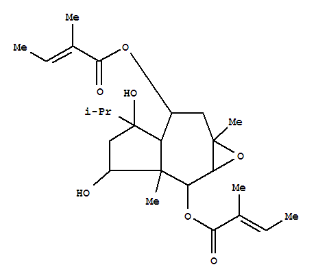 Molecular Structure of 16836-36-5 (2-Butenoic acid,2-methyl-,1,1'-[(1aR,2R,2aR,3S,5S,5aR,6R,7aS)-decahydro-3,5-dihydroxy-2a,7a-dimethyl-5-(1-methylethyl)azuleno[5,6-b]oxirene-2,6-diyl]ester, (2Z,2'Z)-rel-)