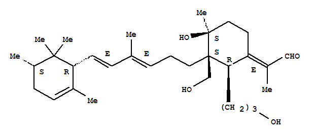 Molecular Structure of 168400-02-0 (Propanal,2-[(2R,3S,4S)-4-hydroxy-3-(hydroxymethyl)-2-(3-hydroxypropyl)-4-methyl-3-[(3E,5E)-4-methyl-6-[(1R,5S)-2,5,6,6-tetramethyl-2-cyclohexen-1-yl]-3,5-hexadien-1-yl]cyclohexylidene]-,(2E)-)