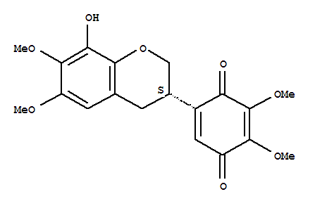 Molecular Structure of 168433-91-8 (2,5-Cyclohexadiene-1,4-dione,5-[(3S)-3,4-dihydro-8-hydroxy-6,7-dimethoxy-2H-1-benzopyran-3-yl]-2,3-dimethoxy-)