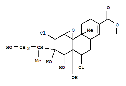 Molecular Structure of 168482-46-0 (7H-Oxireno[4b,5]phenanthro[1,2-c]furan-7-one,3,11-dichloro-1,2,3,3a,4b,5,6,9,9b,10,11,11a-dodecahydro-1,2,11a-trihydroxy-2-[(1S)-2-hydroxy-1-methylethyl]-4b-methyl-,(1R,2R,3R,3aR,4aS,4bS,9bS,11R,11aR)- (9CI))