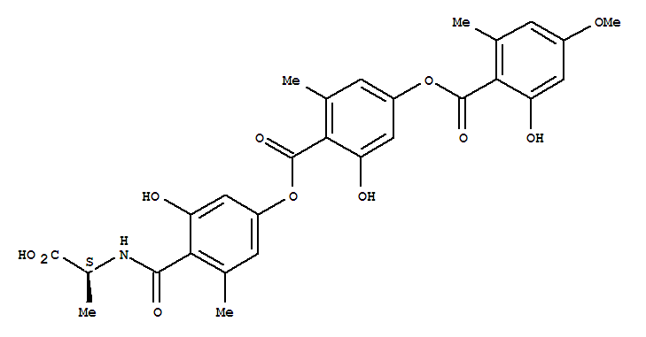Molecular Structure of 169181-29-7 (Benzoic acid,2-hydroxy-4-[(2-hydroxy-4-methoxy-6-methylbenzoyl)oxy]-6-methyl-,4-[[[(1S)-1-carboxyethyl]amino]carbonyl]-3-hydroxy-5-methylphenyl ester)
