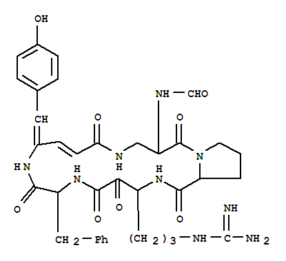 Molecular Structure of 170034-94-3 (D-Phenylalanine,3-[[(2E,4Z)-4-amino-5-(4-hydroxyphenyl)-1-oxo-2,4-pentadien-1-yl]amino]-N-formyl-L-alanyl-L-prolyl-(3S)-3-amino-6-[(aminoiminomethyl)amino]-2-oxohexanoyl-,(4®1)-lactam)