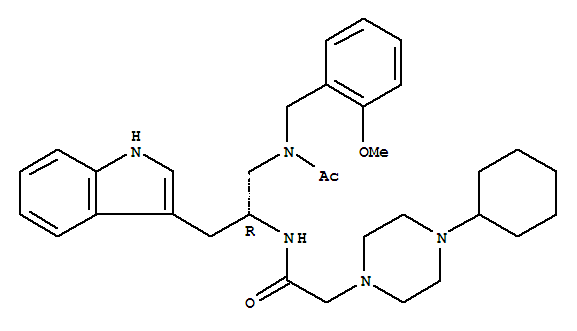Molecular Structure of 170567-08-5 (1-Piperazineacetamide,N-[(1R)-2-[acetyl[(2-methoxyphenyl)methyl]amino]-1-(1H-indol-3-ylmethyl)ethyl]-4-cyclohexyl-)
