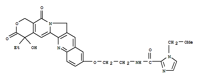 Molecular Structure of 172805-60-6 (1H-Imidazole-2-carboxamide,N-[2-[(4-ethyl-3,4,12,14-tetrahydro-4-hydroxy-3,14-dioxo-1H-pyrano[3',4':6,7]indolizino[1,2-b]quinolin-9-yl)oxy]ethyl]-1-(methoxymethyl)-)