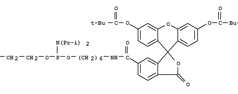Propanoic acid,2,2-dimethyl-,1,1'-[6-[10-[bis(1-methylethyl)amino]-13-cyano-1-oxo-9,11-dioxa-2-aza-10-phosphatridec-1-yl]-3-oxospiro[isobenzofuran-1(3H),9'-[9H]xanthene]-3',6'-diyl]ester