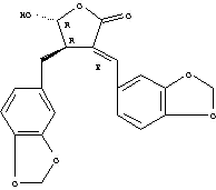 Molecular Structure of 98891-33-9 ([4R,(+)]-4β-(1,3-Benzodioxol-5-ylmethyl)-3-[(E)-1,3-benzodioxol-5-ylmethylene]dihydro-5α-hydroxy-2(3H)-furanone)