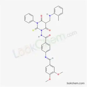 Molecular Structure of 131528-81-9 (4-{[(1E)-(3,4-dimethoxyphenyl)methylidene]amino}-N-[5-{[(2-methylphenyl)amino]methyl}-4,6-dioxo-3-phenyl-2-thioxotetrahydropyrimidin-1(2H)-yl]benzamide)
