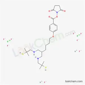 Molecular Structure of 137932-18-4 (1-((4-((6-((2-Mercapto-2-methylpropyl)amino)-5-(((2-mercapto-2-methylp ropyl)amino)methyl)hexyl)oxy)benzoyl)oxy)-2,5-pyrrolidinedione bis(tet rafluoroborate(1-)))