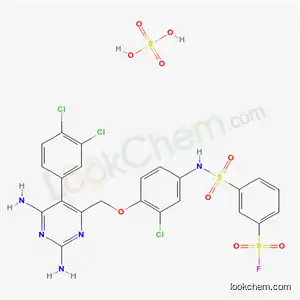 Molecular Structure of 25288-25-9 (3-[(3-chloro-4-{[2,6-diamino-5-(3,4-dichlorophenyl)pyrimidin-4-yl]methoxy}phenyl)sulfamoyl]benzenesulfonyl fluoride sulfate (1:1))