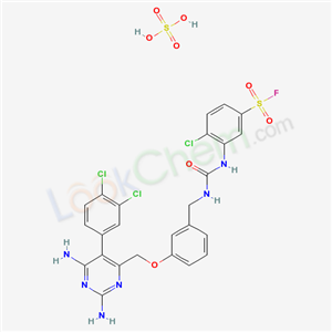 4-chloro-3-[[3-[[2,6-diamino-5-(3,4-dichlorophenyl)pyrimidin-4-yl]methoxy]phenyl]methylcarbamoylamino]benzenesulfonyl fluoride; sulfuric acid cas  25329-08-2