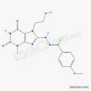 Molecular Structure of 5267-82-3 (7-(2-hydroxyethyl)-8-{2-[(4-methoxyphenyl)methylidene]hydrazino}-3-methyl-3,7-dihydro-1H-purine-2,6-dione)