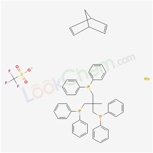 Molecular Structure of 121629-76-3 (Rhodium(1 ), ((2,3,5,6-eta)-bicyclo(2.2.1)hepta-2,5-diene)((2-((diphenylphosphino)methyl)-2-methyl-1,3-propanediyl)bis(diphenylphosphine)-P,P,P)-, stereoisomer, salt with trifluoromethanesulfonic acid (1:1))