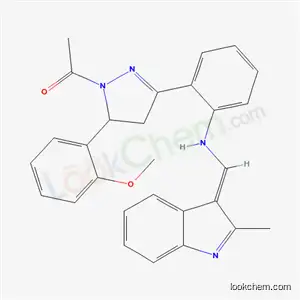 Molecular Structure of 133381-40-5 (2-[1-acetyl-5-(2-methoxyphenyl)-4,5-dihydro-1H-pyrazol-3-yl]-N-[(E)-(2-methyl-3H-indol-3-ylidene)methyl]aniline)