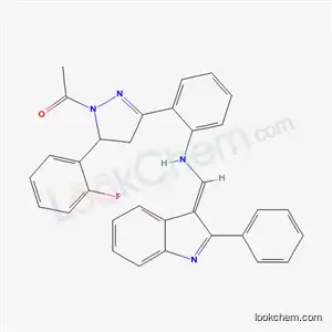 Molecular Structure of 133381-55-2 (2-[1-acetyl-5-(2-fluorophenyl)-4,5-dihydro-1H-pyrazol-3-yl]-N-[(E)-(2-phenyl-3H-indol-3-ylidene)methyl]aniline)