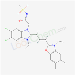 2-(3-(5,6-Dichloro-1-ethyl-1,3-dihydro-3-(2-(mesylamino)-2-oxoethyl)-2H-benzimidazol-2-ylidene)prop-1-enyl)-3-ethyl-5,6-dimethylbenzoxazolium ateC26H28Cl2N4O4S