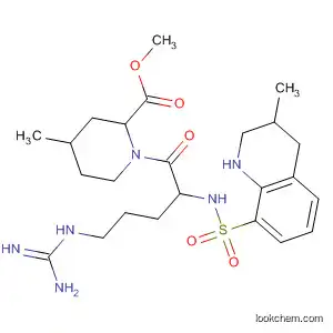 Molecular Structure of 87804-12-4 (2-Piperidinecarboxylic acid,
1-[5-[(aminoiminomethyl)amino]-1-oxo-2-[[(1,2,3,4-tetrahydro-3-methyl-
8-quinolinyl)sulfonyl]amino]pentyl]-4-methyl-, methyl ester)