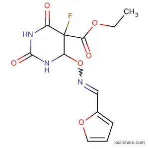 Molecular Structure of 89989-76-4 (5-Pyrimidinecarboxylic acid,
5-fluoro-4-[[(2-furanylmethylene)amino]oxy]hexahydro-2,6-dioxo-, ethyl
ester)