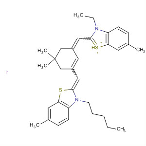 Molecular Structure of 117633-60-0 (Benzothiazolium,
2-[[5,5-dimethyl-3-[(6-methyl-3-pentyl-2(3H)-benzothiazolylidene)methyl]
-2-cyclohexen-1-ylidene]methyl]-3-ethyl-6-methyl-, iodide)
