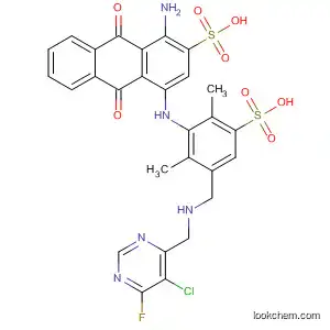 Molecular Structure of 138245-20-2 (2-Anthracenesulfonic acid,
1-amino-4-[[3-[[(5-chloro-6-fluoro-4-pyrimidinyl)methylamino]methyl]-2,6
-dimethyl-5-sulfophenyl]amino]-9,10-dihydro-9,10-dioxo-)