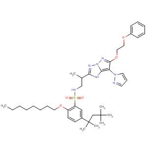 Molecular Structure of 138559-19-0 (Benzenesulfonamide,
2-(octyloxy)-N-[2-[6-(2-phenoxyethoxy)-7-(1H-pyrazol-1-yl)-1H-pyrazolo[
1,5-b][1,2,4]triazol-2-yl]propyl]-5-(1,1,3,3-tetramethylbutyl)-)