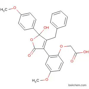 Molecular Structure of 169805-44-1 (Acetic acid,
[2-[2,5-dihydro-5-hydroxy-5-(4-methoxyphenyl)-2-oxo-4-(phenylmethyl)-3
-furanyl]-4-methoxyphenoxy]-)