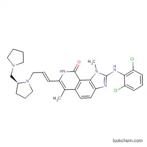 Molecular Structure of 333456-53-4 (9H-Imidazo[4,5-h]isoquinolin-9-one,
2-[(2,6-dichlorophenyl)amino]-1,8-dihydro-1,6-dimethyl-7-[(1E)-3-[(2S)-
2-(1-pyrrolidinylmethyl)-1-pyrrolidinyl]-1-propenyl]-)